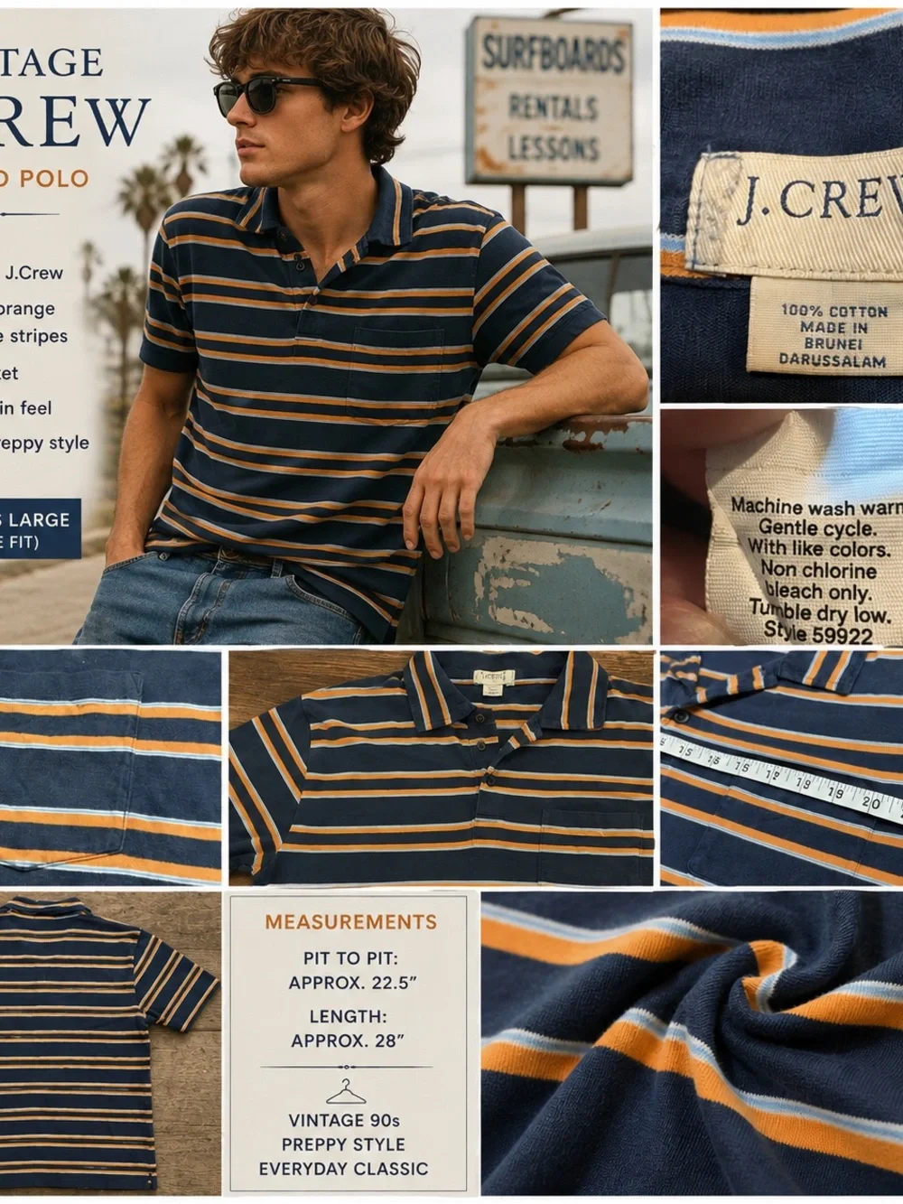 Vintage J. Crew Navy and Orange Striped Polo 313CL